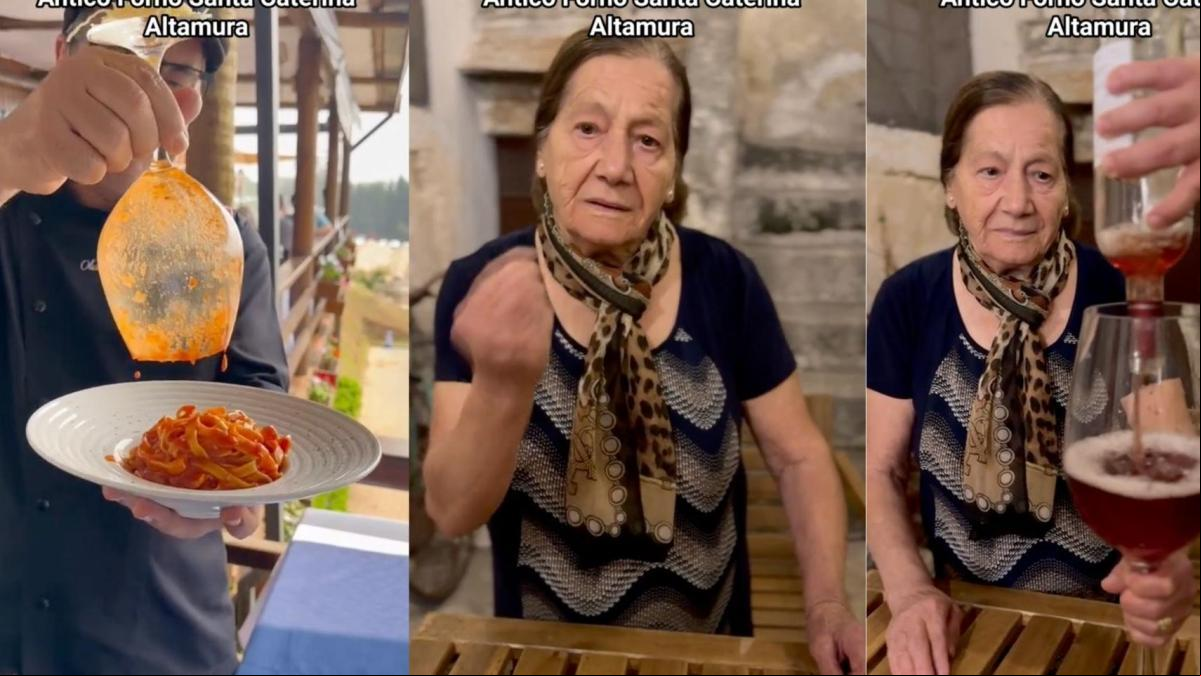 La hilarante reacción de unas ancianas italianas a la performance de un restaurante que sirve los espaguetis con una copa de vino